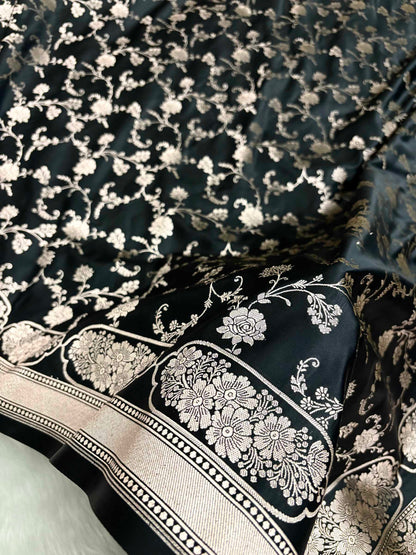Black Soft Kataan Silk Banarasi Saree With Silver Zari