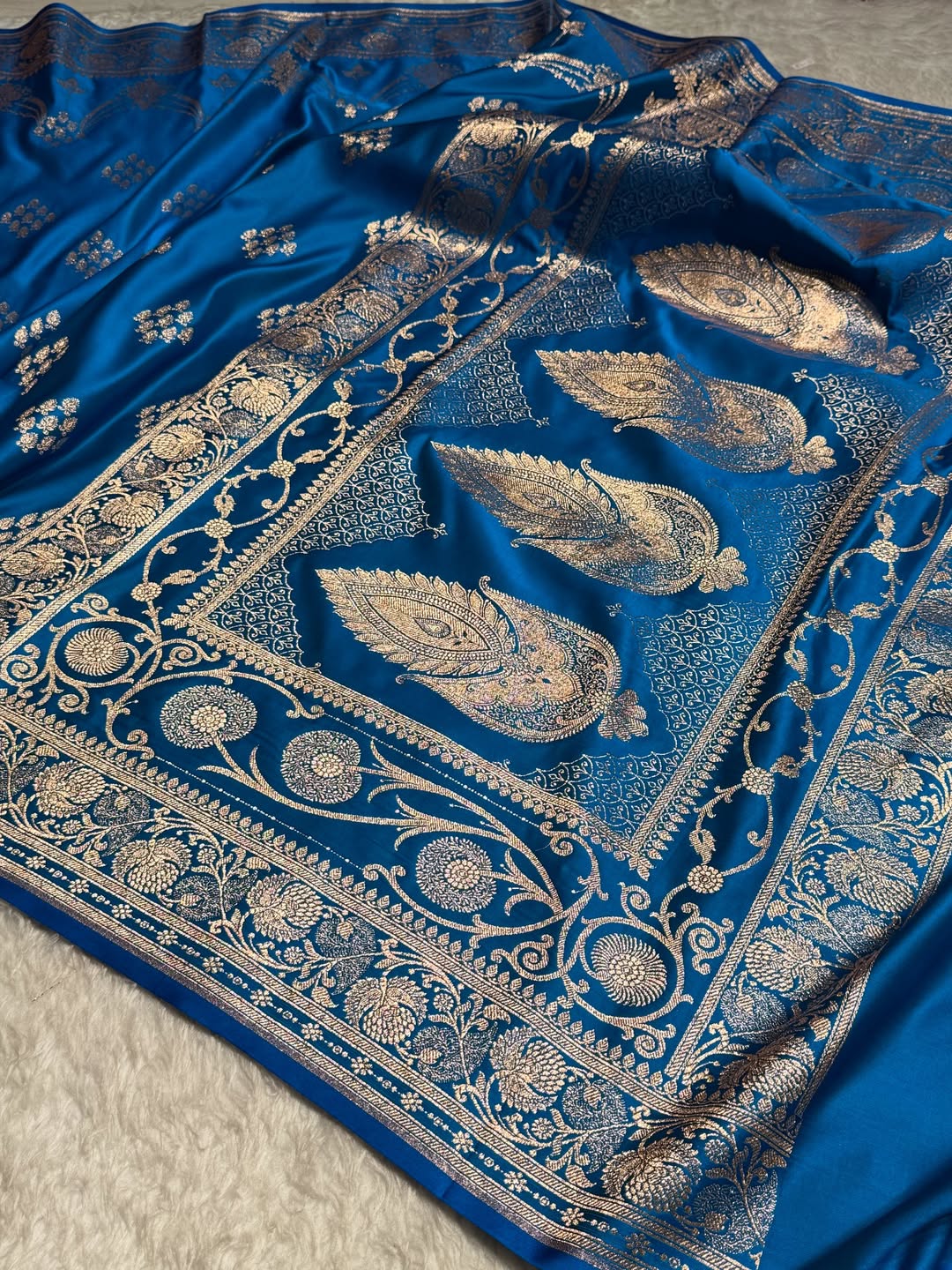 Royal Blue Kataan Silk Banarasi Saree – Light Golden Zari Buti