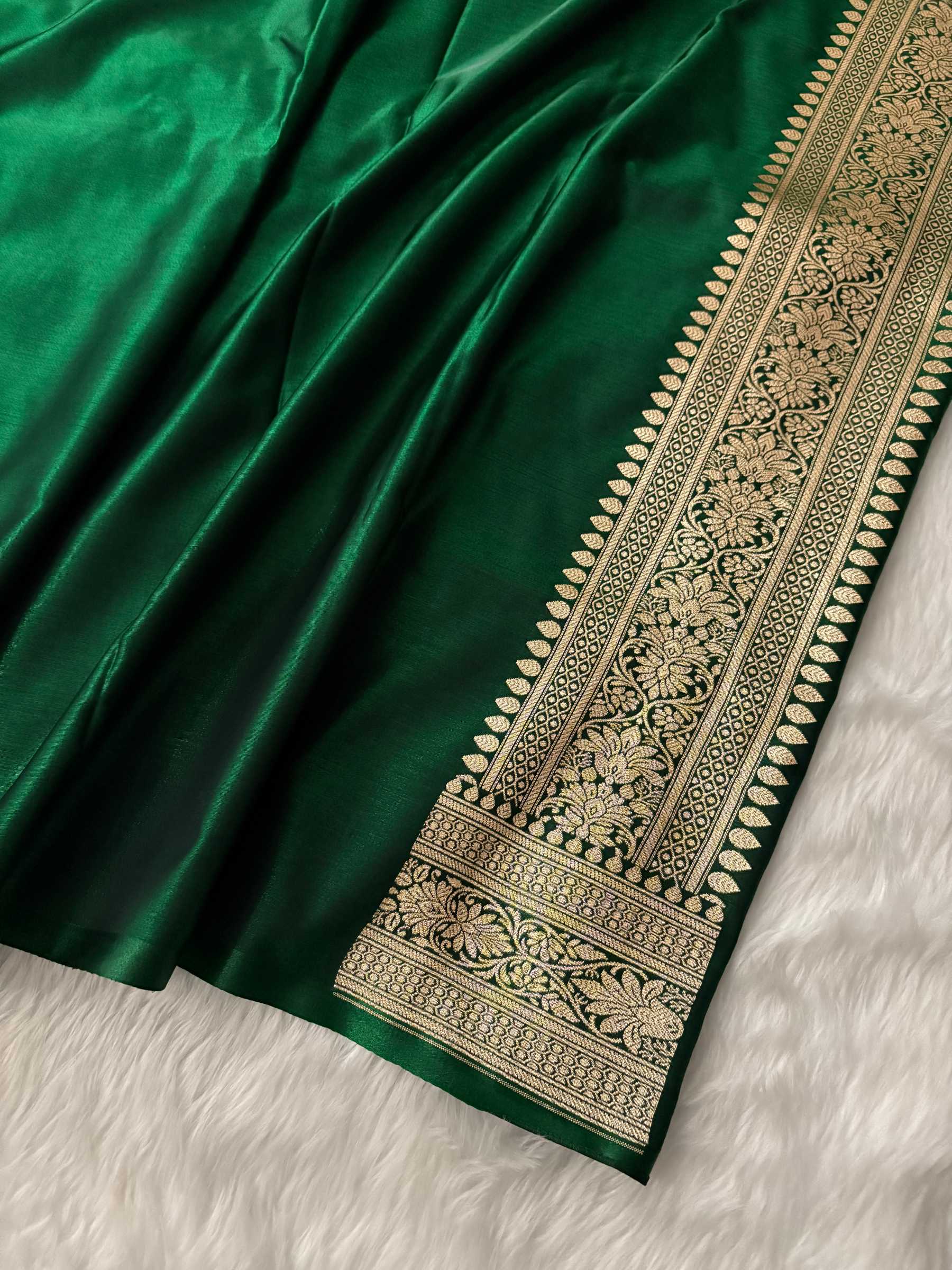 Dark Green Satin Silk Banarasi Motif Saree
