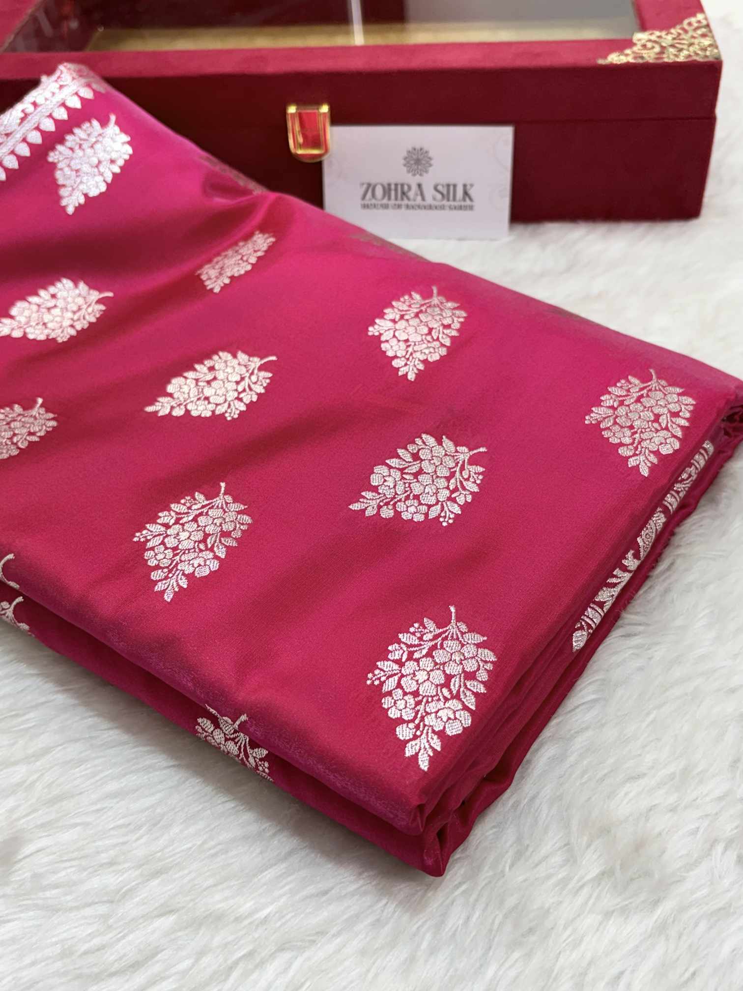 Rani Pink Shaded New Motif Satin Silk Banarasi Saree
