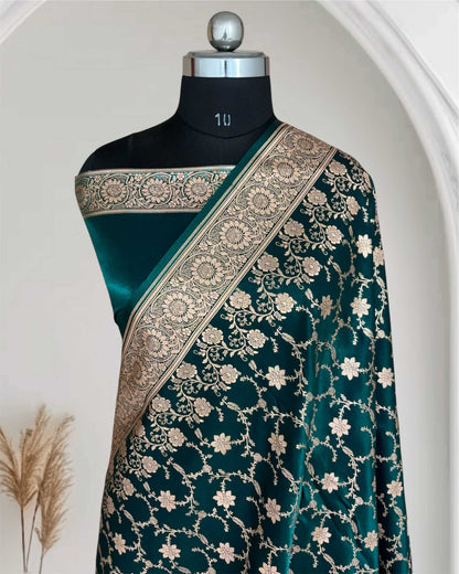 Teal Green Silk Banarasi Saree Floral Swarna Latika Jaal