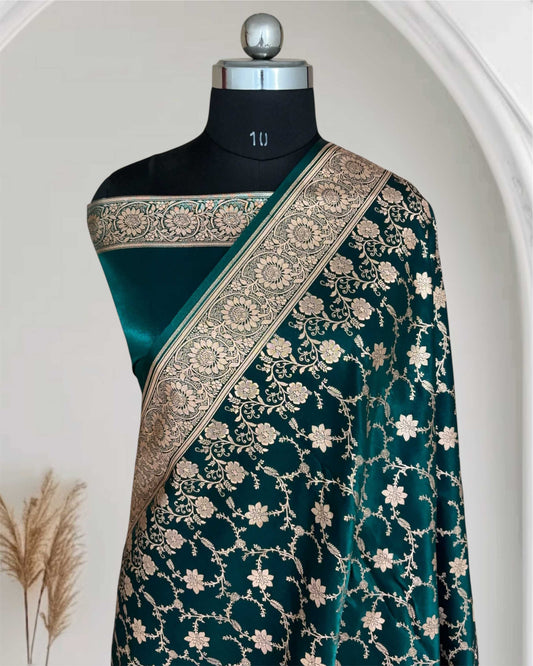 Teal Green Silk Banarasi Saree Floral Swarna Latika Jaal