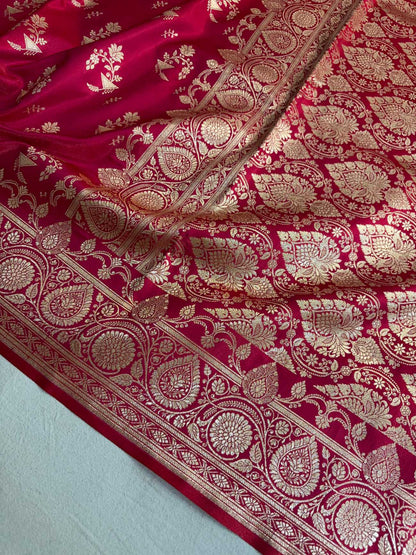 Rani Pink Fancy Motif Satin Silk Banarasi Saree