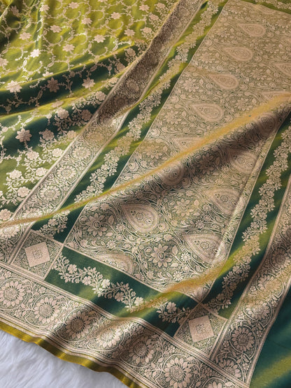 Mongiya Green Satin Silk Banarasi Saree Floral Swarna Latika Jaal