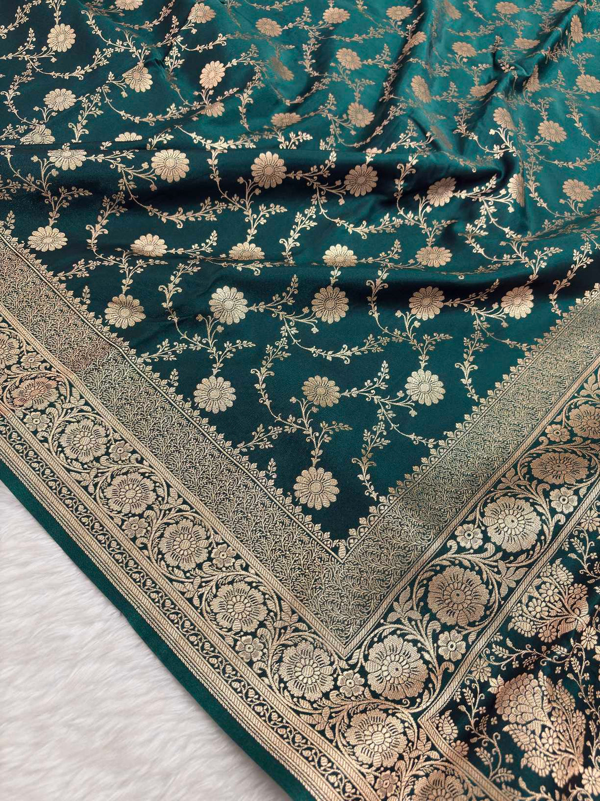 Teal Green Satin Silk Banarasi Saree with Golden Zari Floral Bel Jaal
