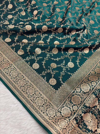 Teal Green Satin Silk Banarasi Saree with Golden Zari Floral Bel Jaal