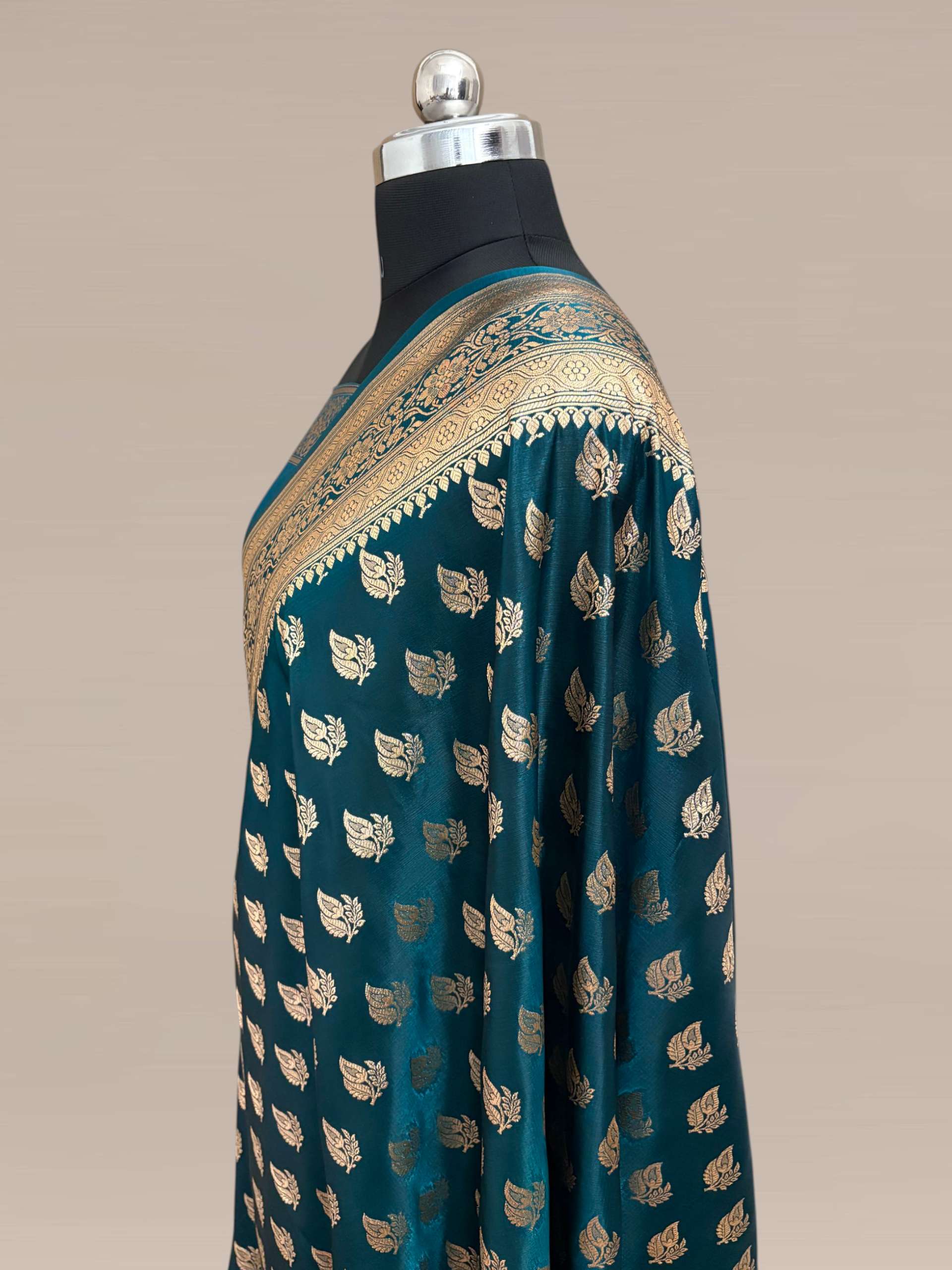 Ocean Blue Satin Silk Banarasi Saree