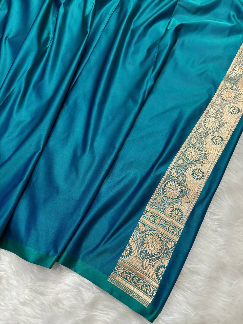 Blue-Green Soft Kataan Silk Banarasi Saree