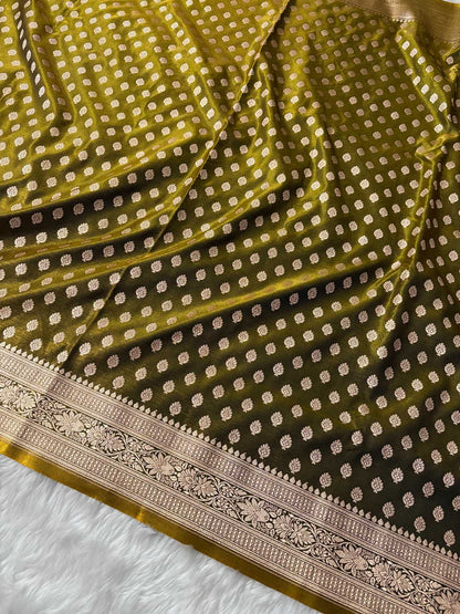 Mehdi Green Satin Silk Banarasi Motif Saree