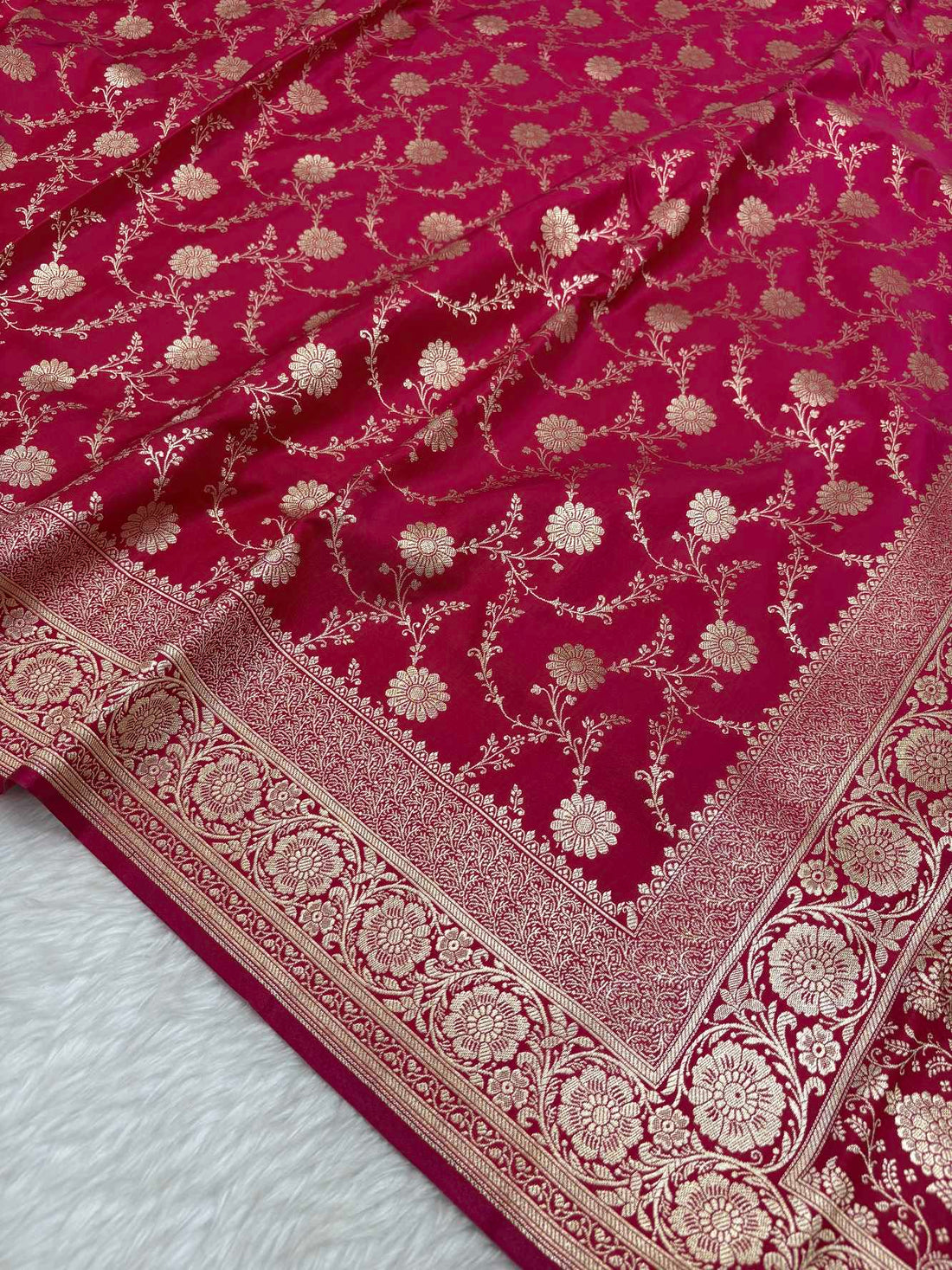 Rani Pink Satin Silk Banarasi Saree with Golden Zari Floral Bel Jaal