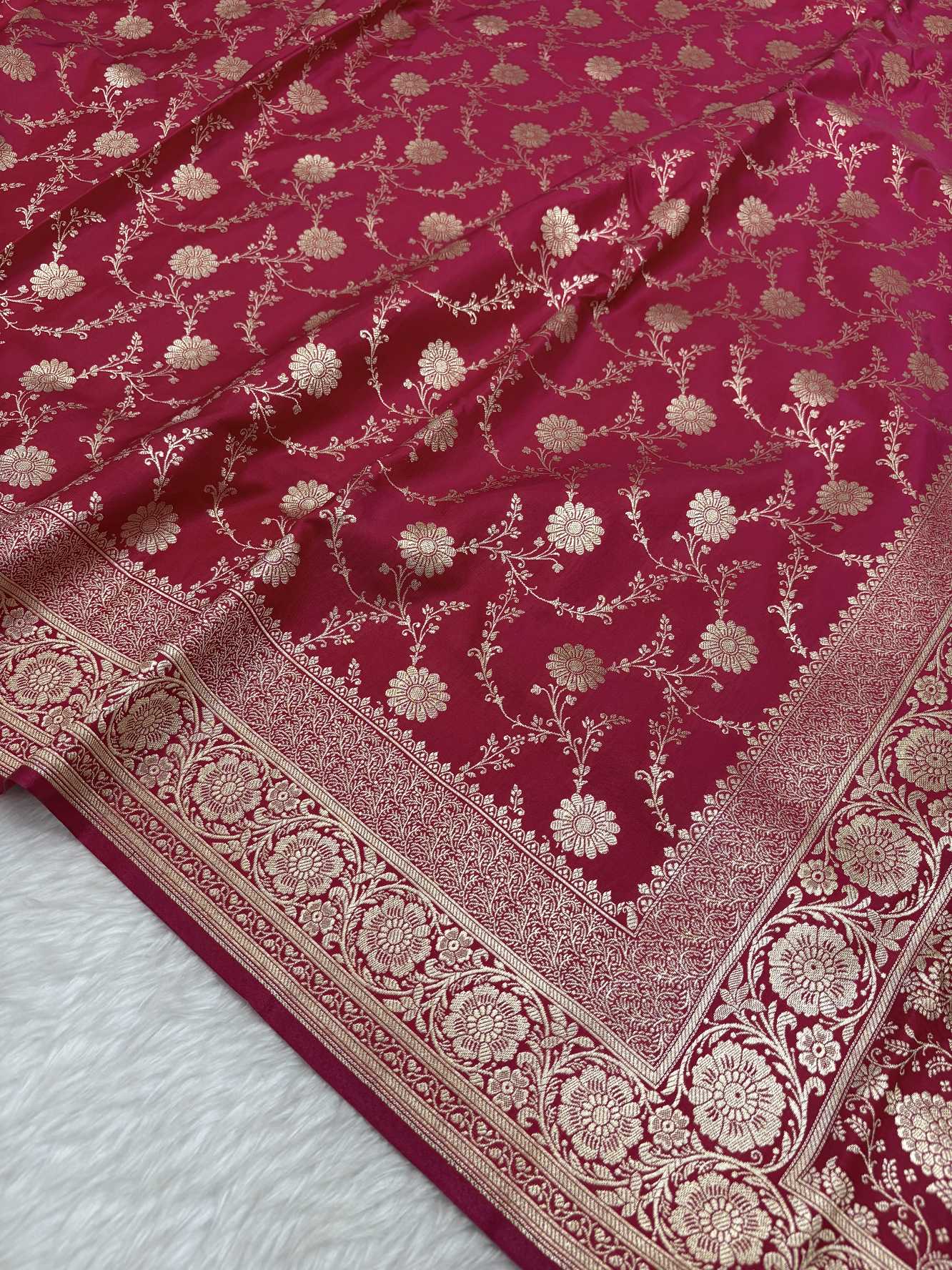 Rani Pink Satin Silk Banarasi Saree with Golden Zari Floral Bel Jaal