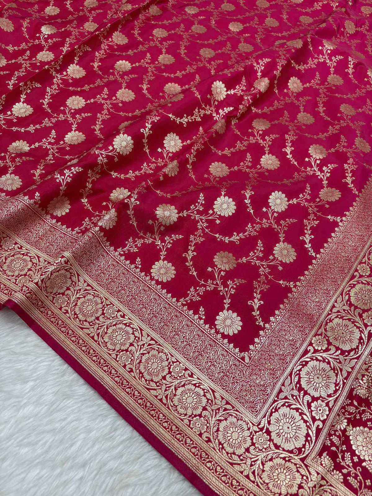 Rani Pink Satin Silk Banarasi Saree with Golden Zari Floral Bel Jaal