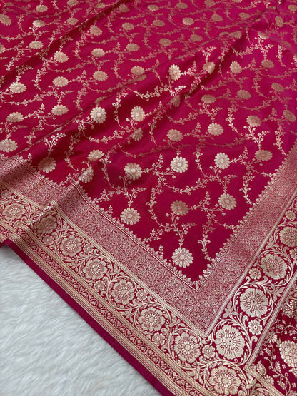 Rani Pink Satin Silk Banarasi Saree with Golden Zari Floral Bel Jaal
