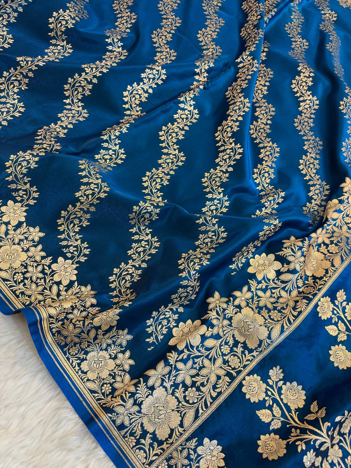 Laheriya Jaal Satin Silk Banarasi Saree Teal Blue Shades