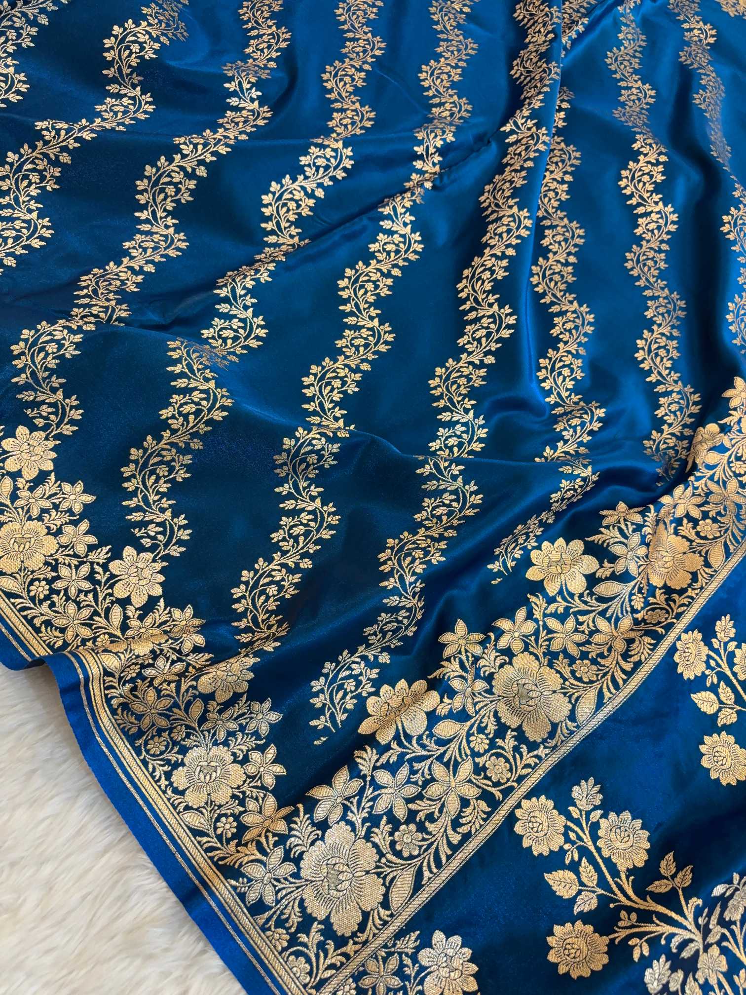 Laheriya Jaal Satin Silk Banarasi Saree Teal Blue Shades
