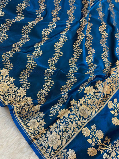 Laheriya Jaal Satin Silk Banarasi Saree Teal Blue Shades