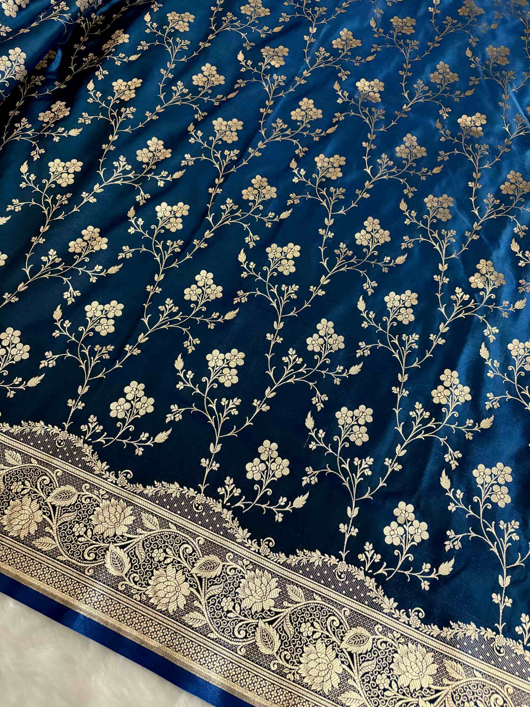 Teal Blue Satin Silk Banarasi Saree – Golden Zari Floral Jaal