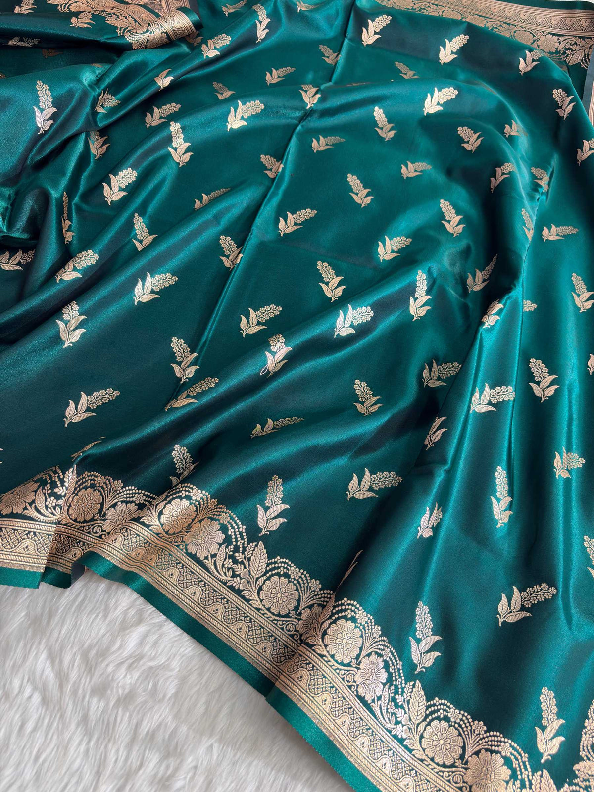 Phanki Motif Teal Green Satin Silk Banarasi Saree with Golden Zari