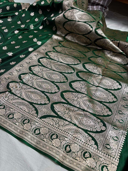 Botel Green Satin Silk Motif Banarasi Saree