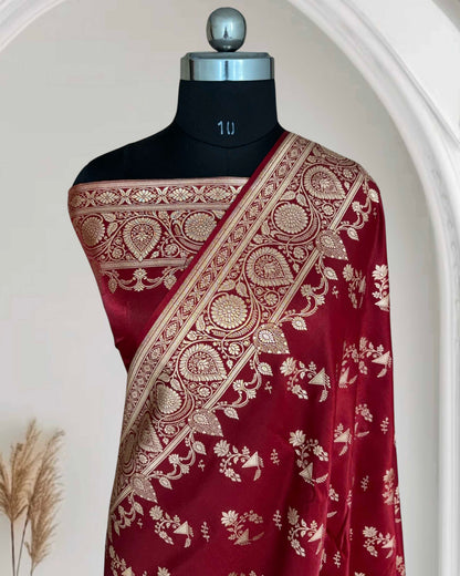 Maroon Shaded Fancy Motif Satin Silk Banarasi Saree
