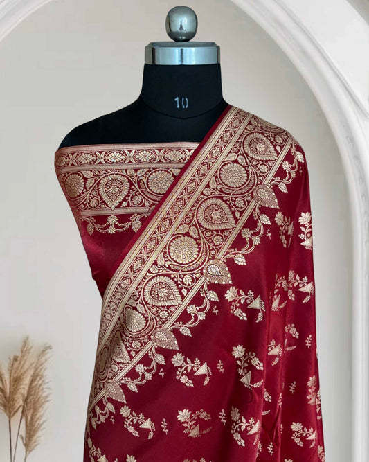 Maroon Shaded Fancy Motif Satin Silk Banarasi Saree