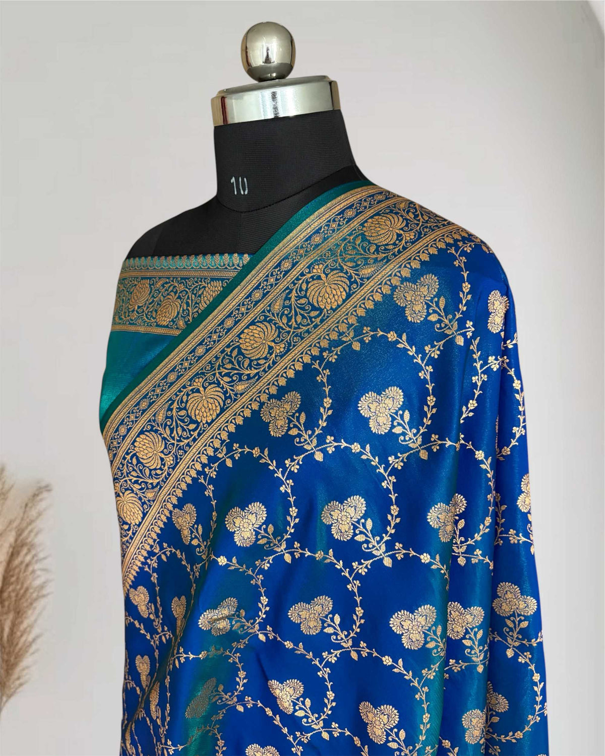 Satin Silk Saree Banarasi Jaal in Peacock blue Shades