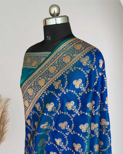 Satin Silk Saree Banarasi Jaal in Peacock blue Shades