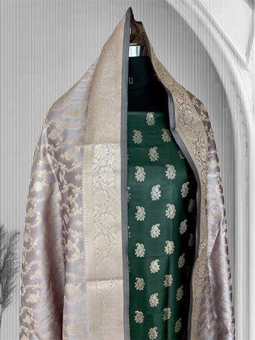 Grey and Bottle Green Satin Silk Banarasi Suit