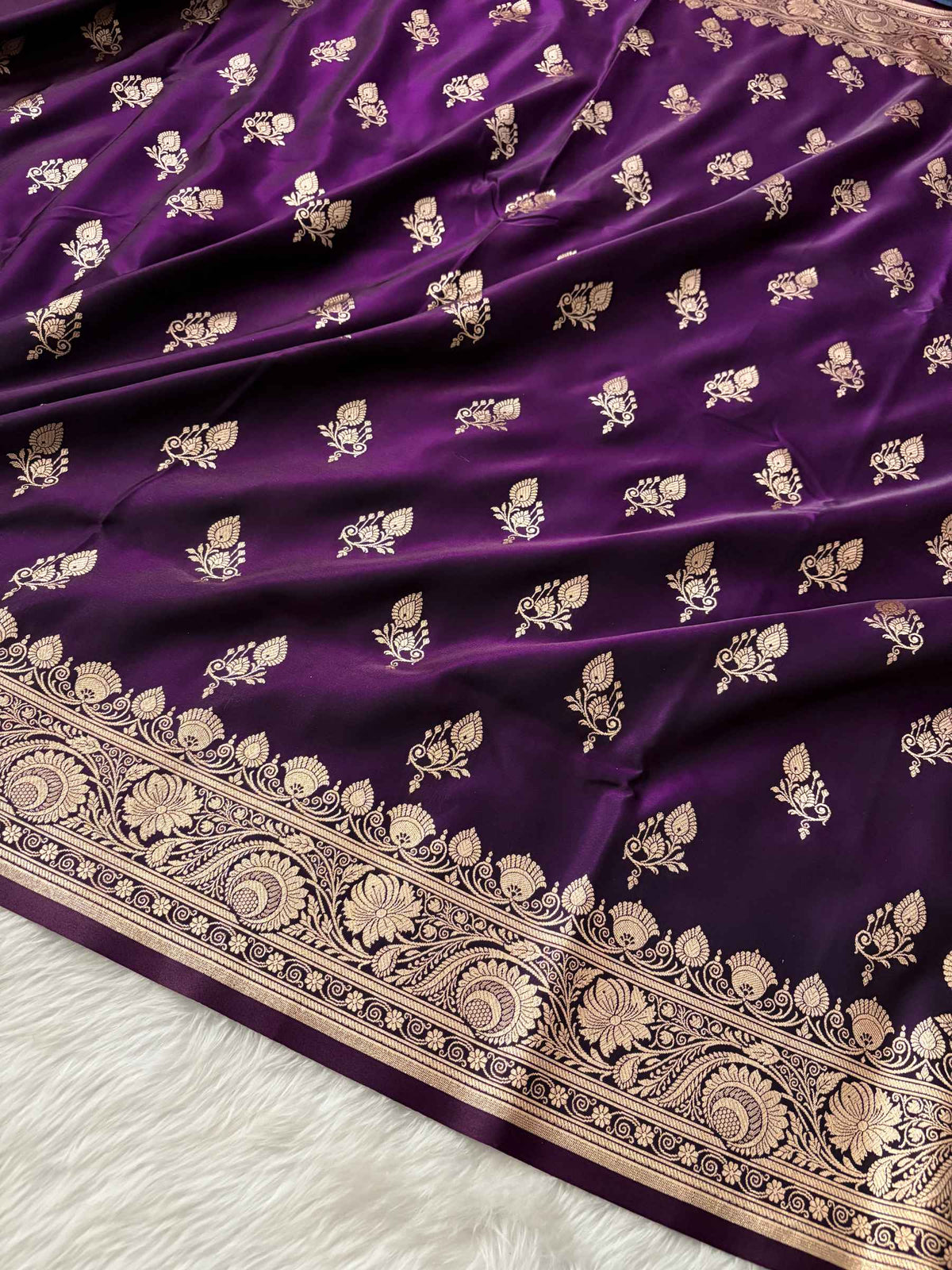 Purple Satin Silk Banarasi Saree – Full Golden Zari Buti Work