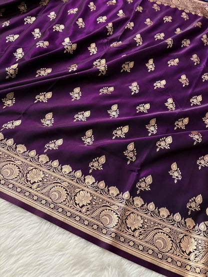 Purple Satin Silk Banarasi Saree – Full Golden Zari Buti Work