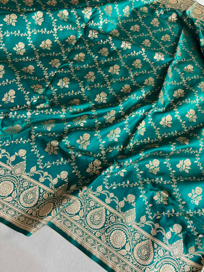 Rama Green Bel Jaal Satin Silk Banarasi Saree
