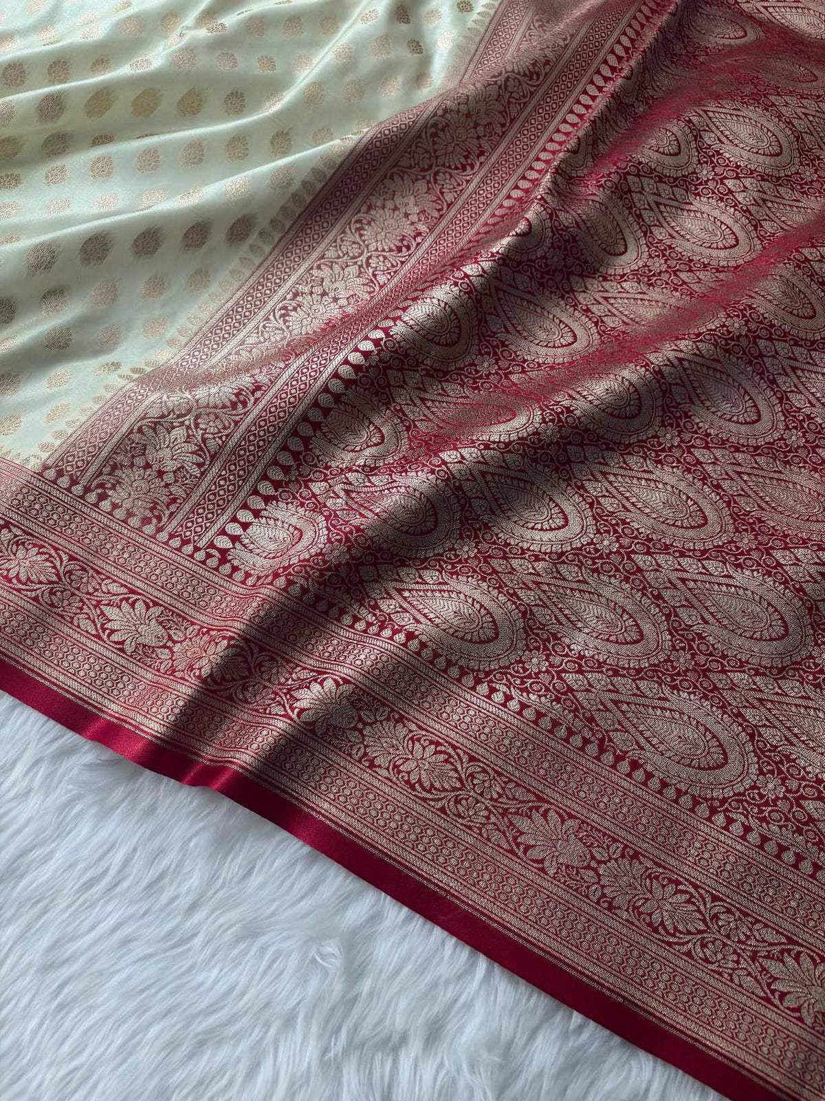 Red & Cream Satin Silk Banarasi Saree