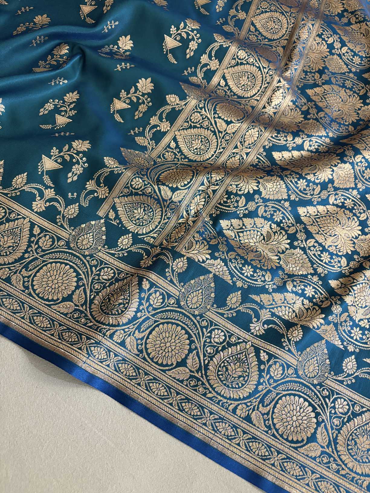 Firozi Fancy Motif Satin Silk Banarasi Saree