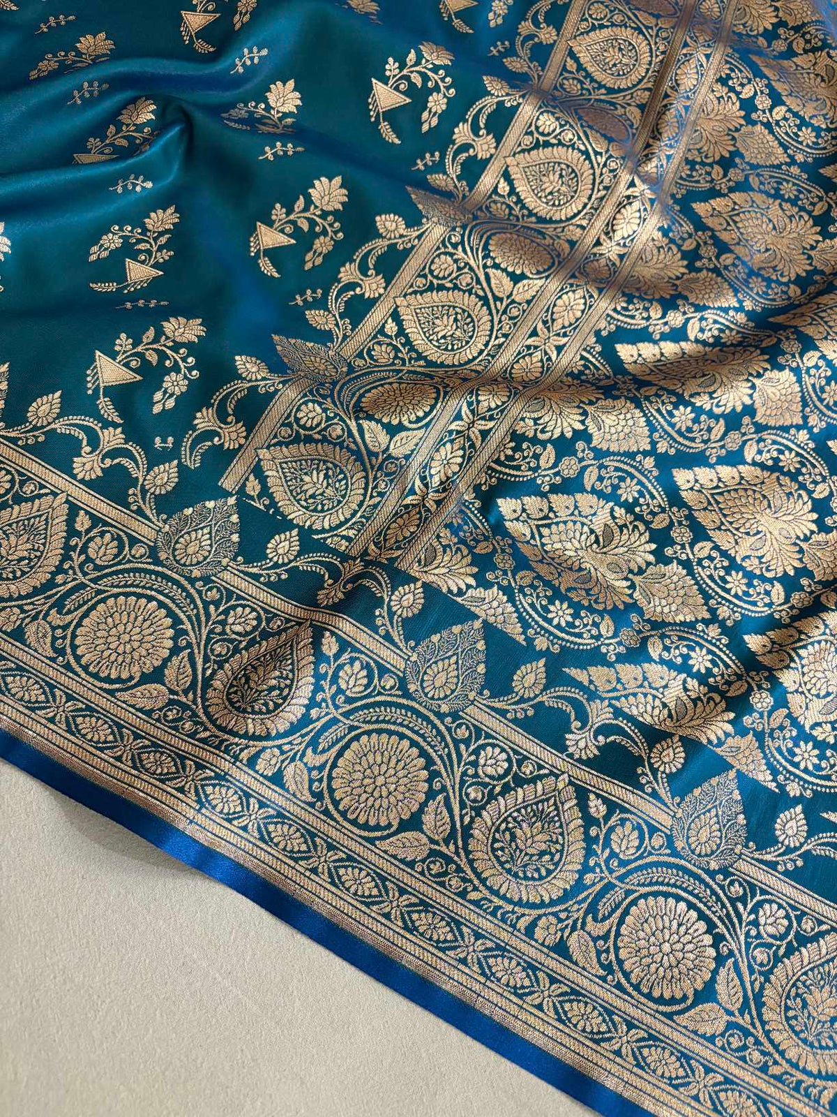 Firozi Fancy Motif Satin Silk Banarasi Saree