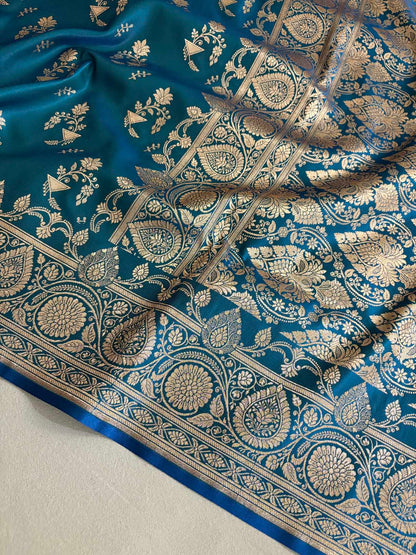 Firozi Fancy Motif Satin Silk Banarasi Saree