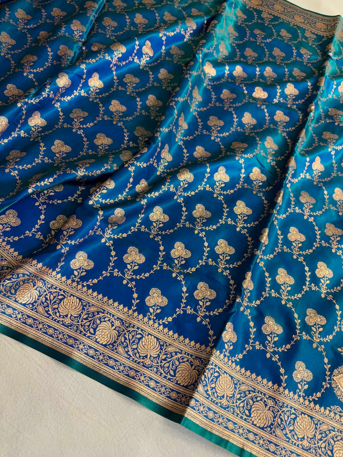 Satin Silk Saree Banarasi Jaal in Peacock blue Shades