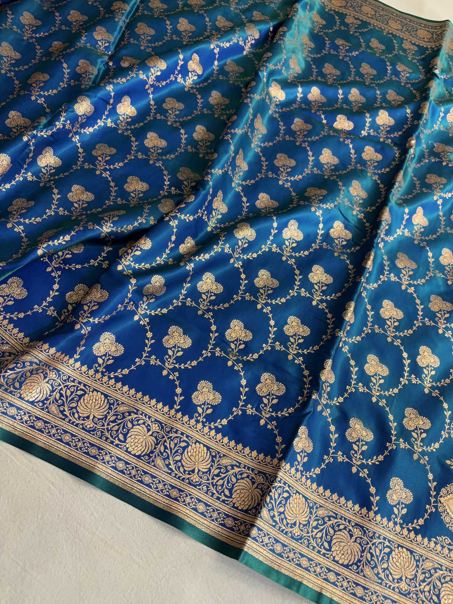 Satin Silk Saree Banarasi Jaal in Peacock blue Shades