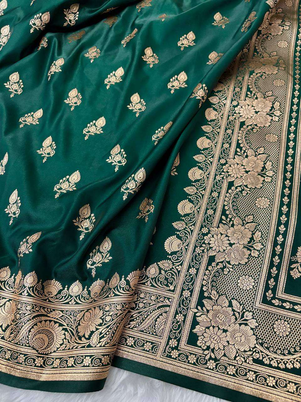 Teal Green Satin Silk Banarasi Saree – Full Golden Zari Buti Work