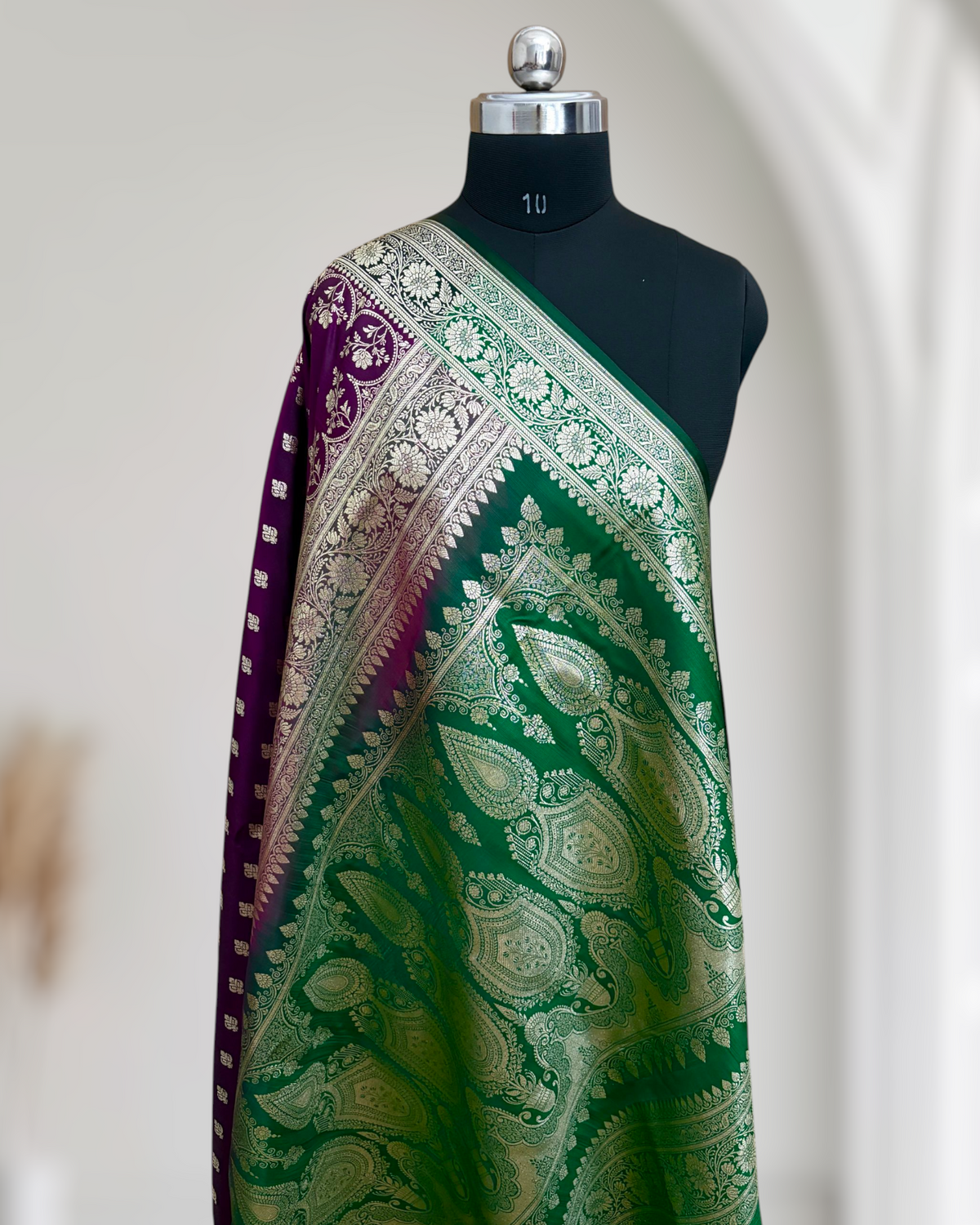 Wine with Green Pallu & Border Banarasi Saree