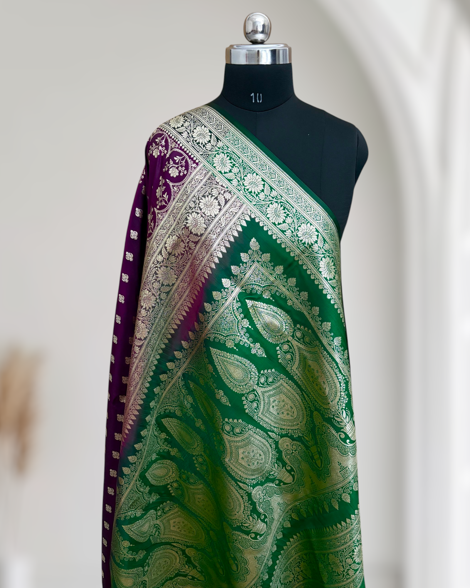 Wine with Green Pallu & Border Banarasi Saree