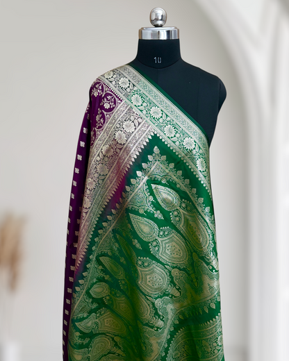 Wine with Green Pallu & Border Banarasi Saree