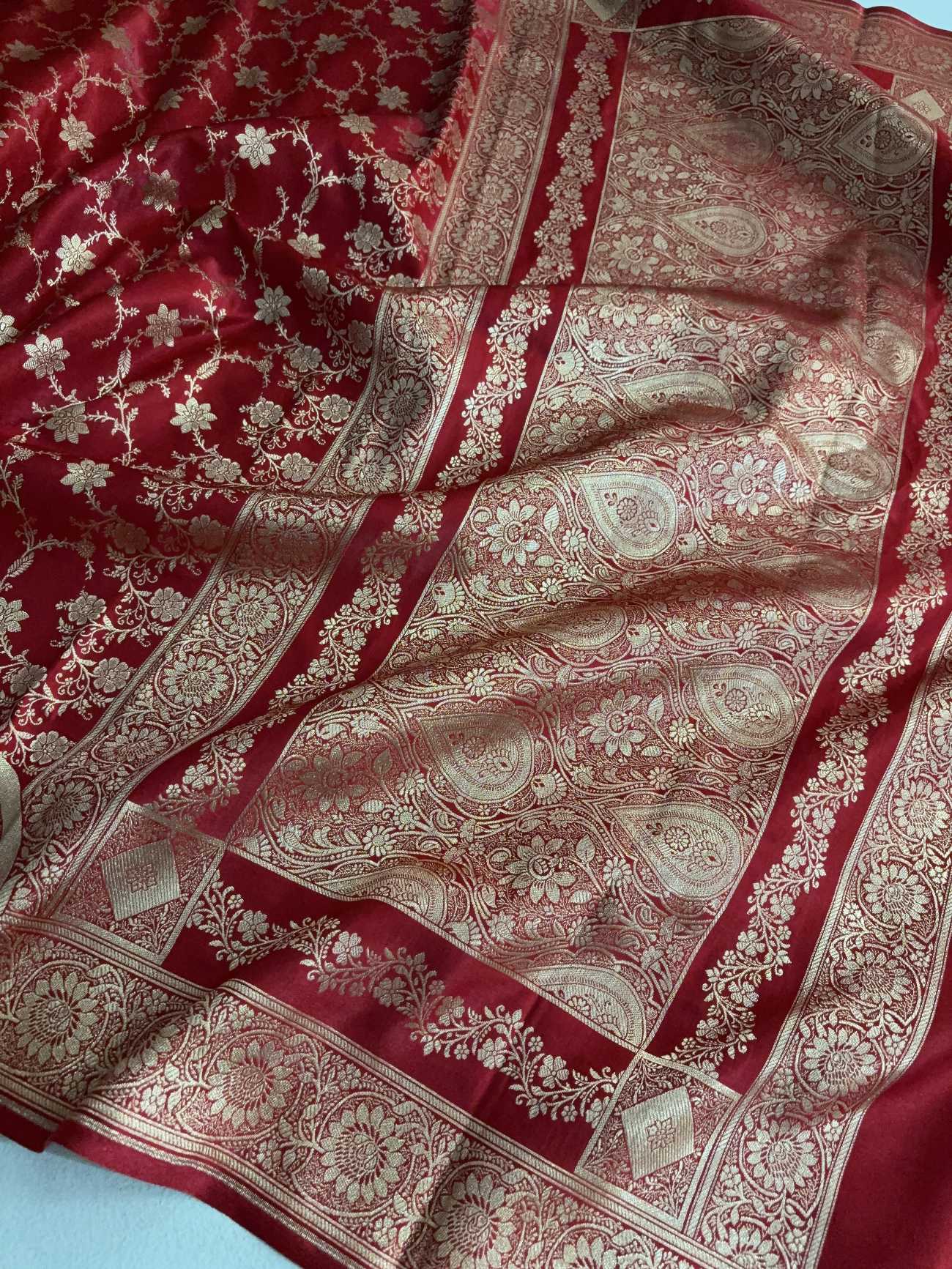 Red Satin Silk Banarasi Saree Floral Swarna Latika Jaal
