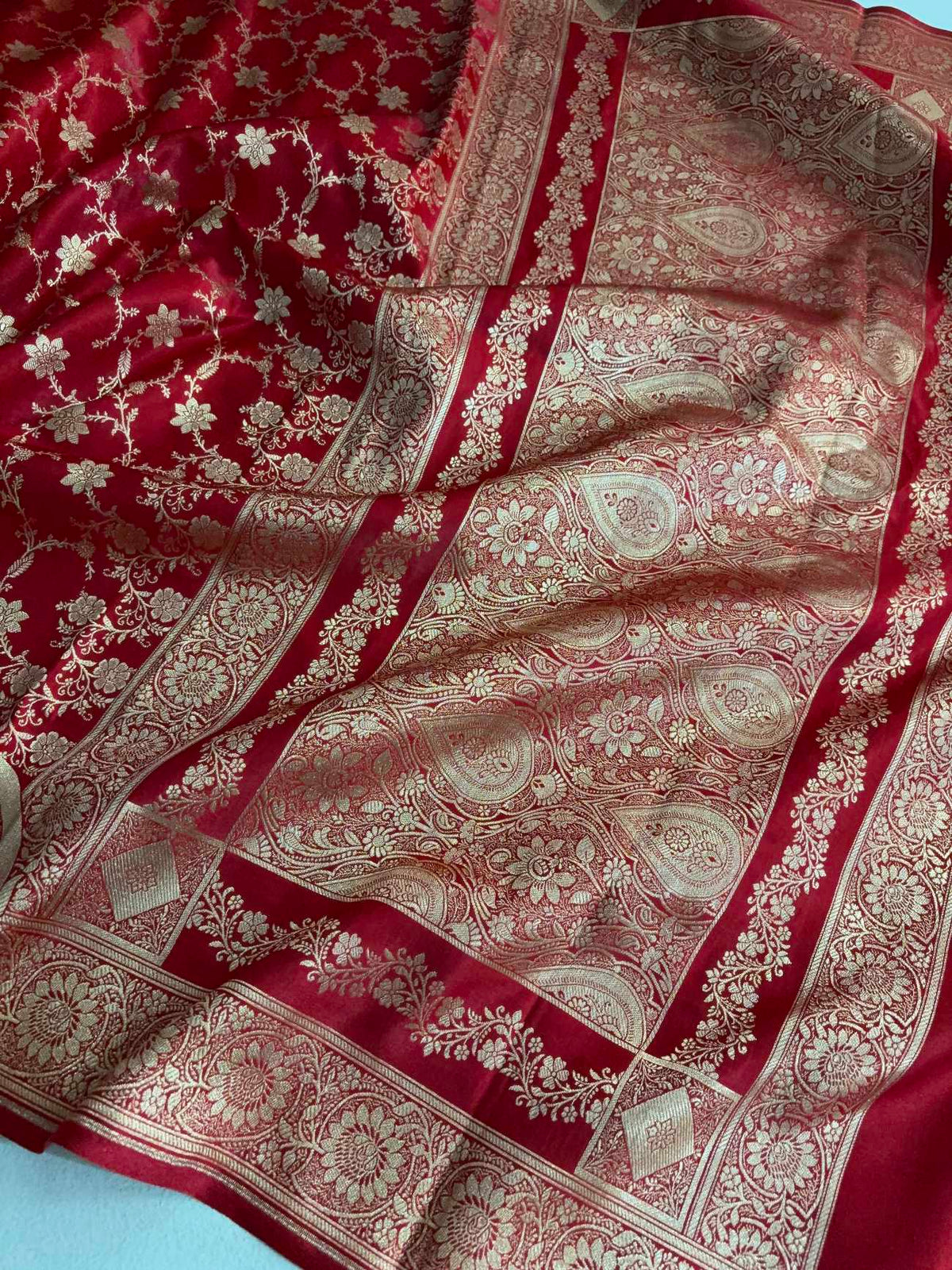 Red Satin Silk Banarasi Saree Floral Swarna Latika Jaal