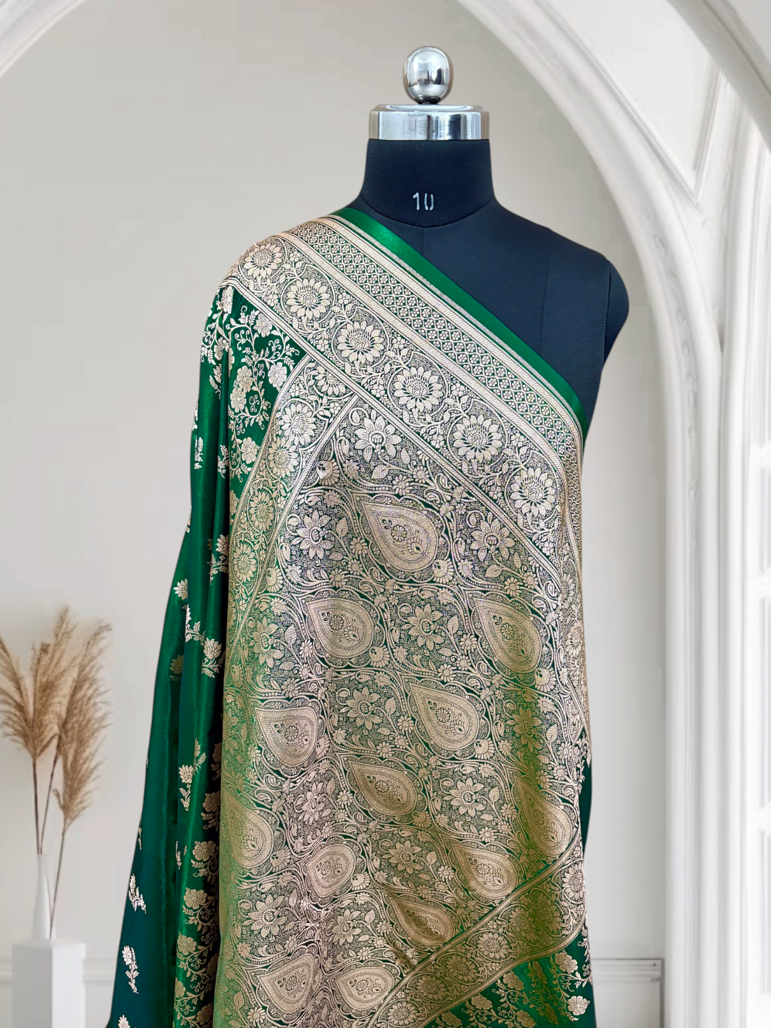 Green with Golden Zari Work and Rose Buti Design Satin Silk Banarasi Saree