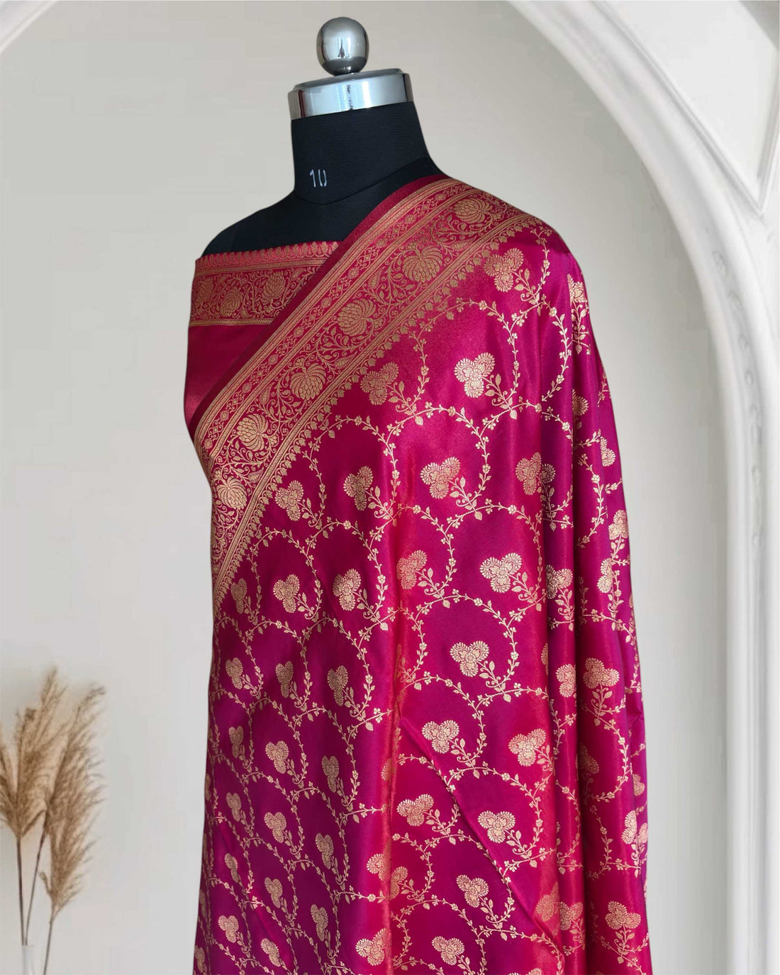 Satin Silk Saree Banarasi Jaal in Rani Pink Shades