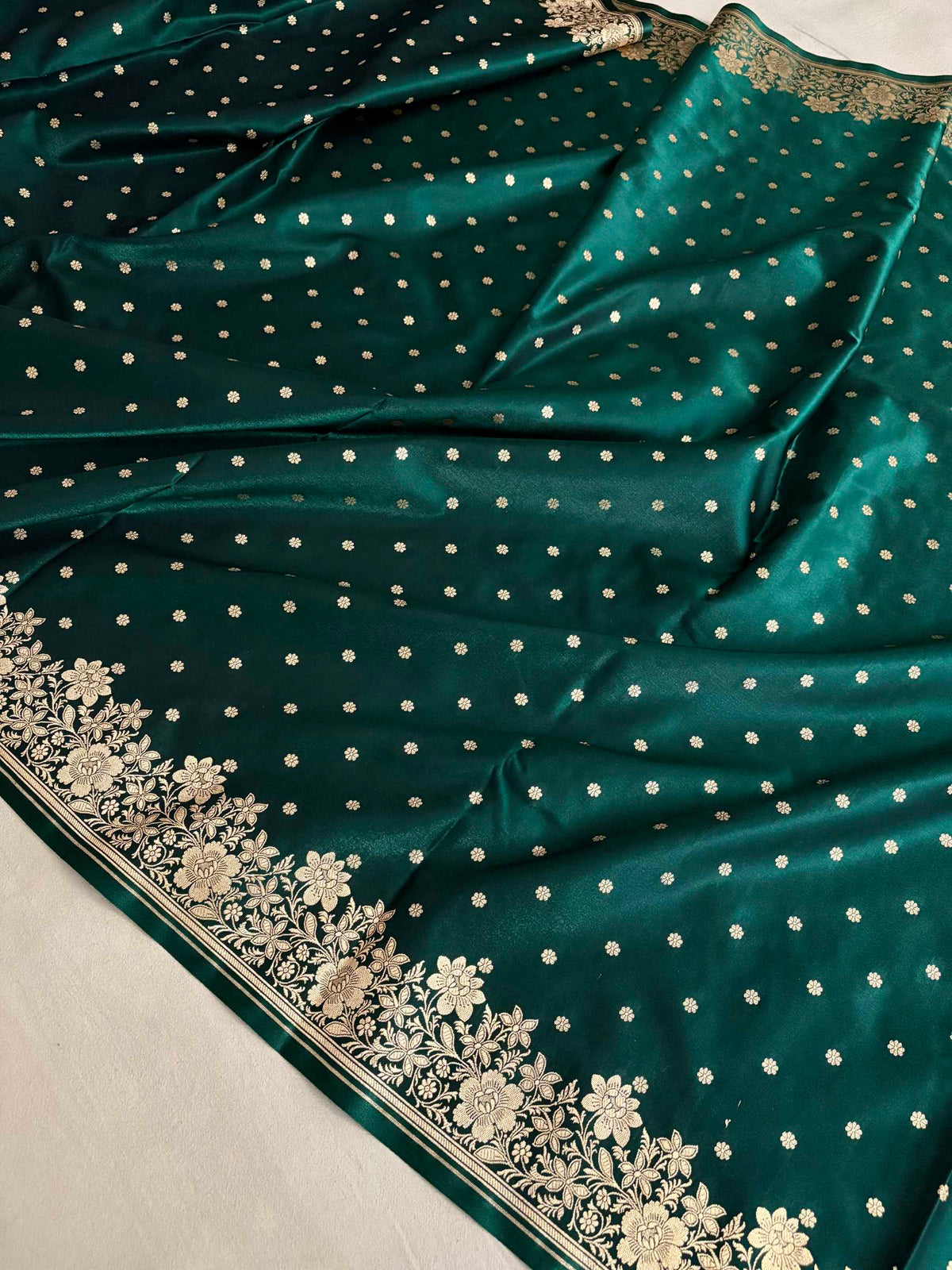 Teal Green Satin Silk Saree Banarasi Motif