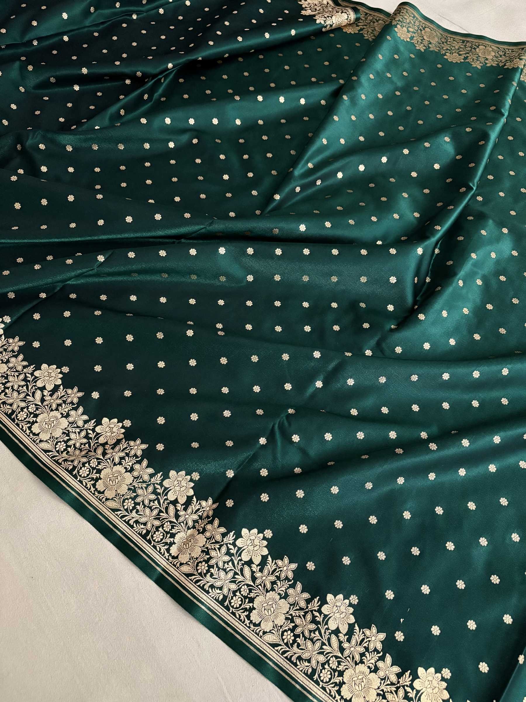 Teal Green Satin Silk Saree Banarasi Motif