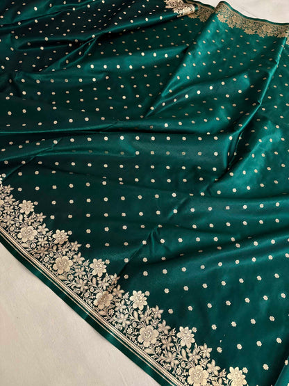 Teal Green Satin Silk Saree Banarasi Motif