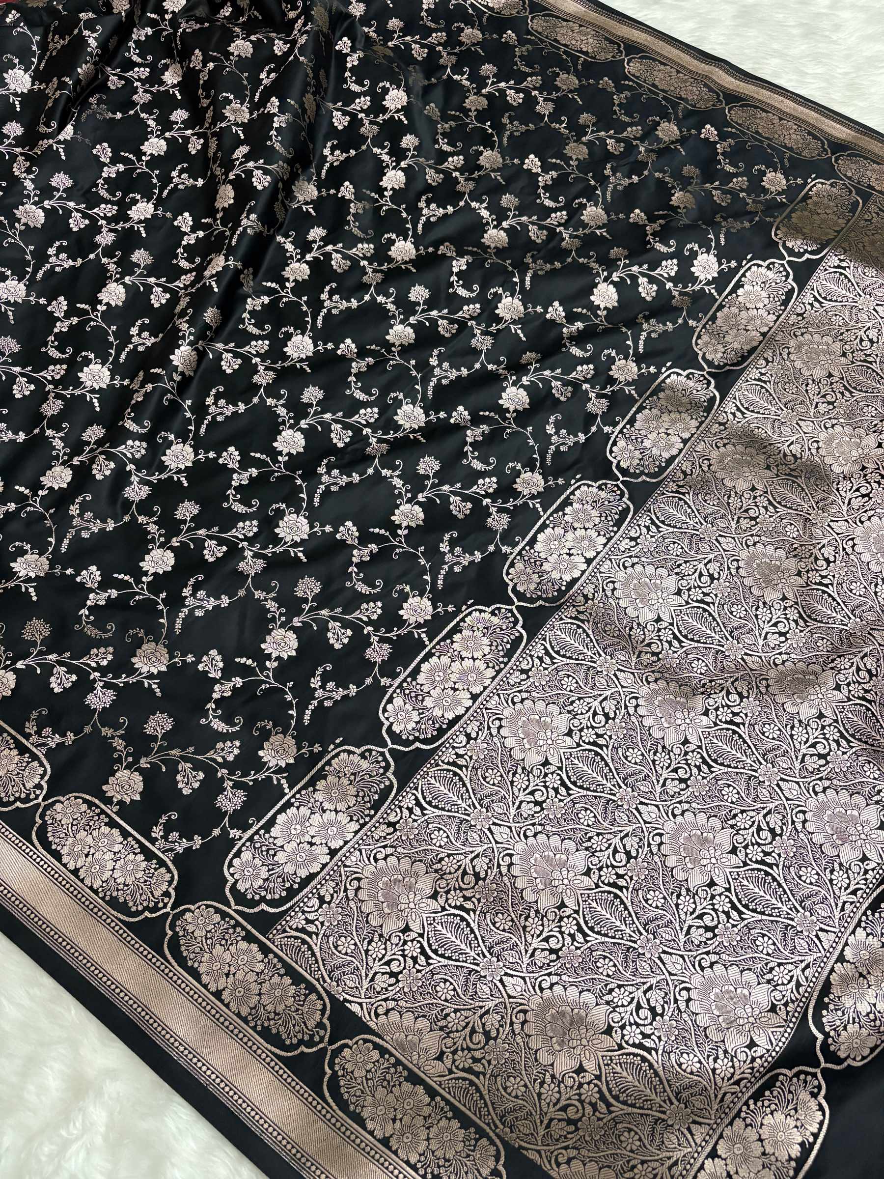 Black Soft Kataan Silk Banarasi Saree With Silver Zari