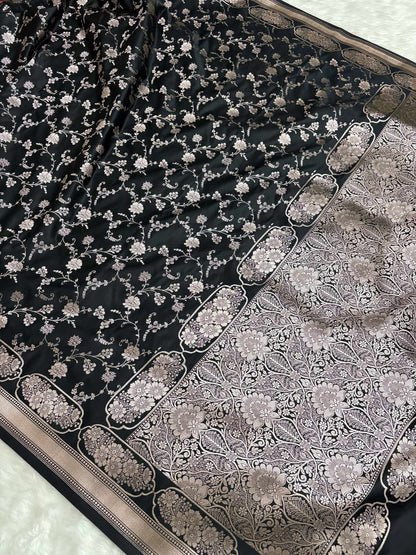 Black Soft Kataan Silk Banarasi Saree With Silver Zari